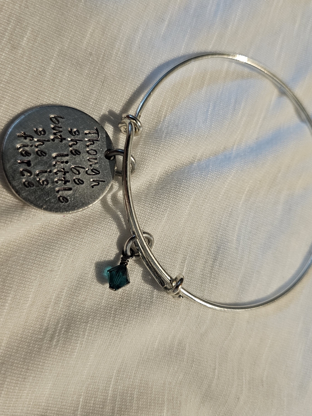 Silver Bangle Bracelet with Teal Crystal and Inspirational Disc